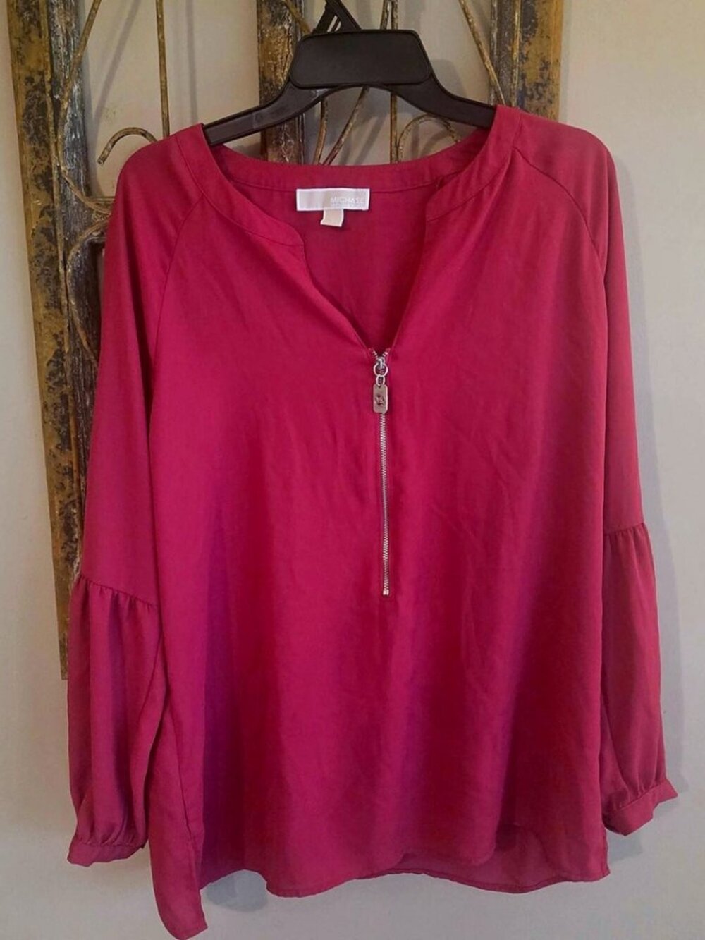 MICHAEL Michael Kors Half Zip Blouse Raspberry Pink Peasant Sleeve Size L